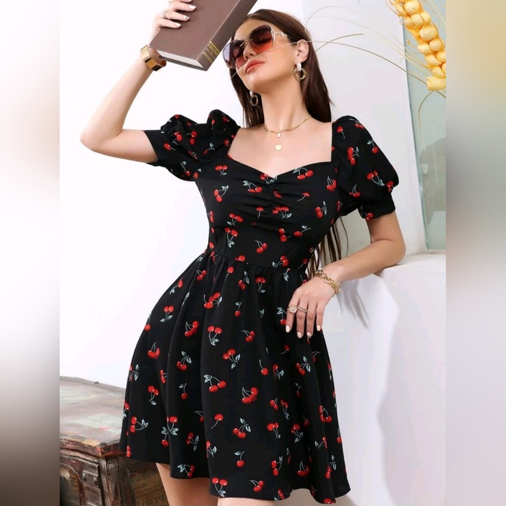 Allover Cherry Sweetheart Neck Dress